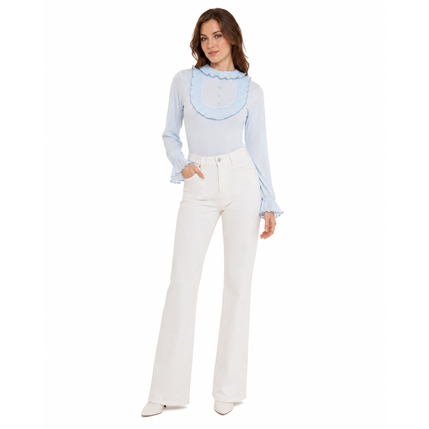 Vintage 70s Baronet Baby Blue Pleated Trim Long Sleeve Bodysuit Women Medium