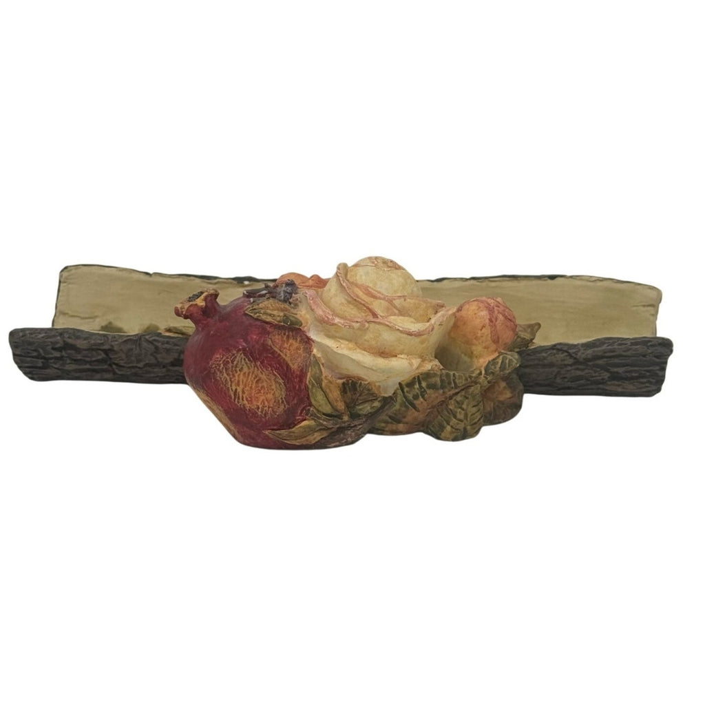 Vintage 90s Office Desk Pen Holder Resin Rustic Rose Floral Wood 8x4
