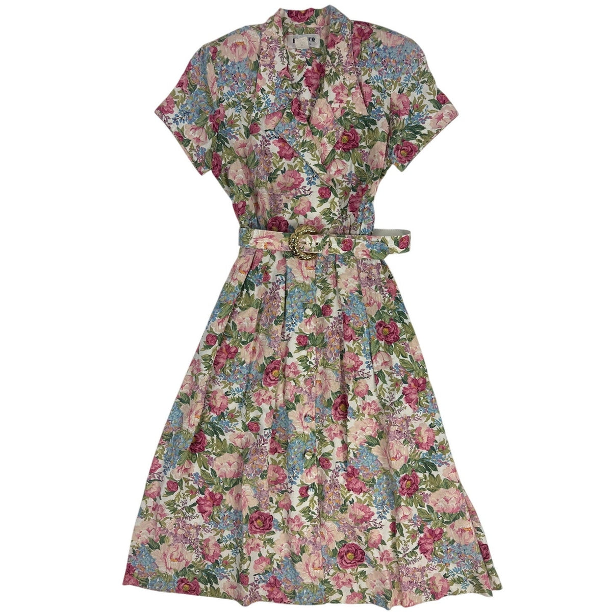 Vintage 80s R.J. Stevens Pink Floral Belted Midi Dress Size 14 Women's Medium