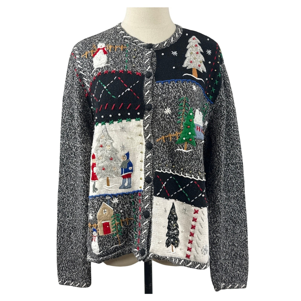 80s Style Erika Black White Beaded Christmas Patchwork Sweater Women's Large