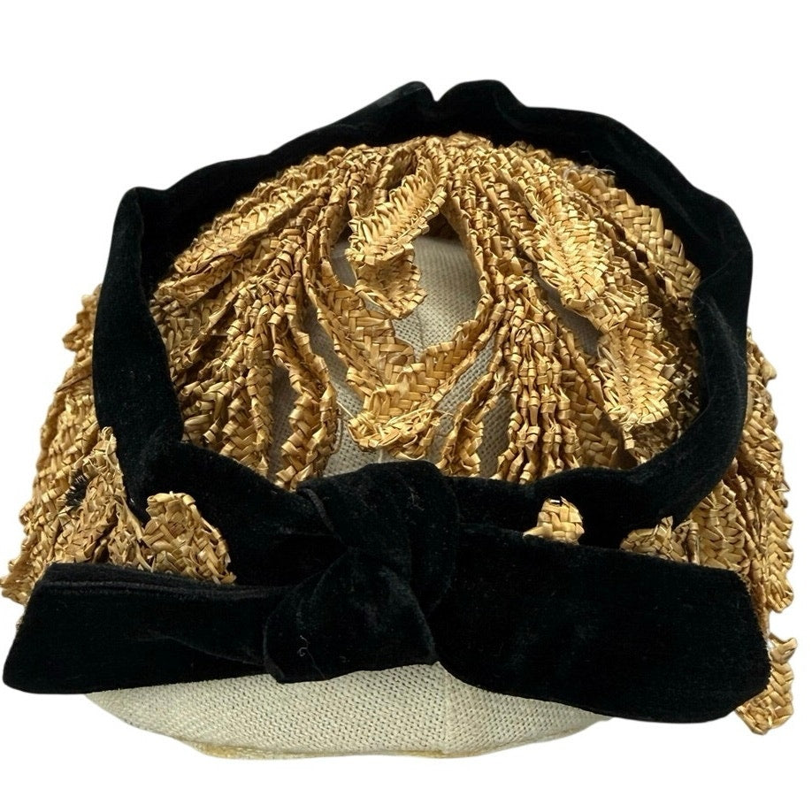 Vintage 50s Art Deco Flapper Hat Gold Black Velveteen Cocktail