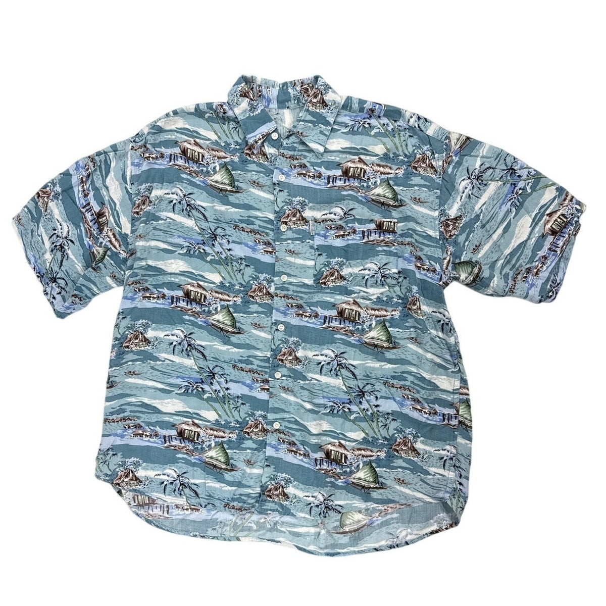 Vintage 90s New Millenium Blue Tropical Rayon Hawaiian Shirt Mens 2XL