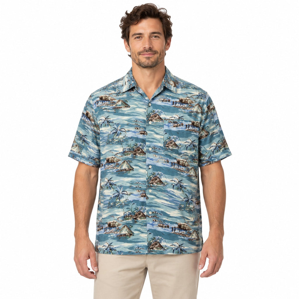 Vintage 90s New Millenium Blue Tropical Rayon Hawaiian Shirt Mens 2XL