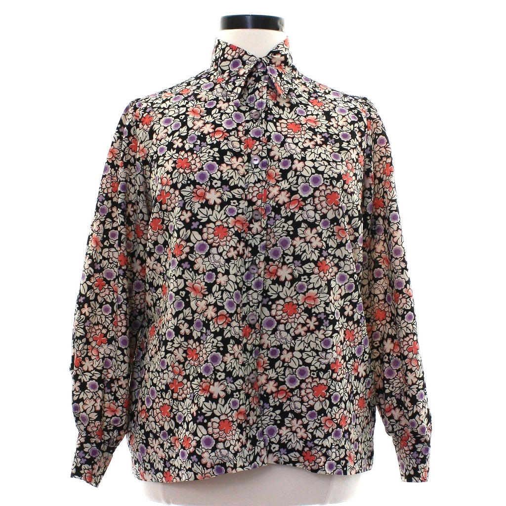 Vintage 70s Floral Blouse Black Cream Lavender Long Sleeve Women's Large