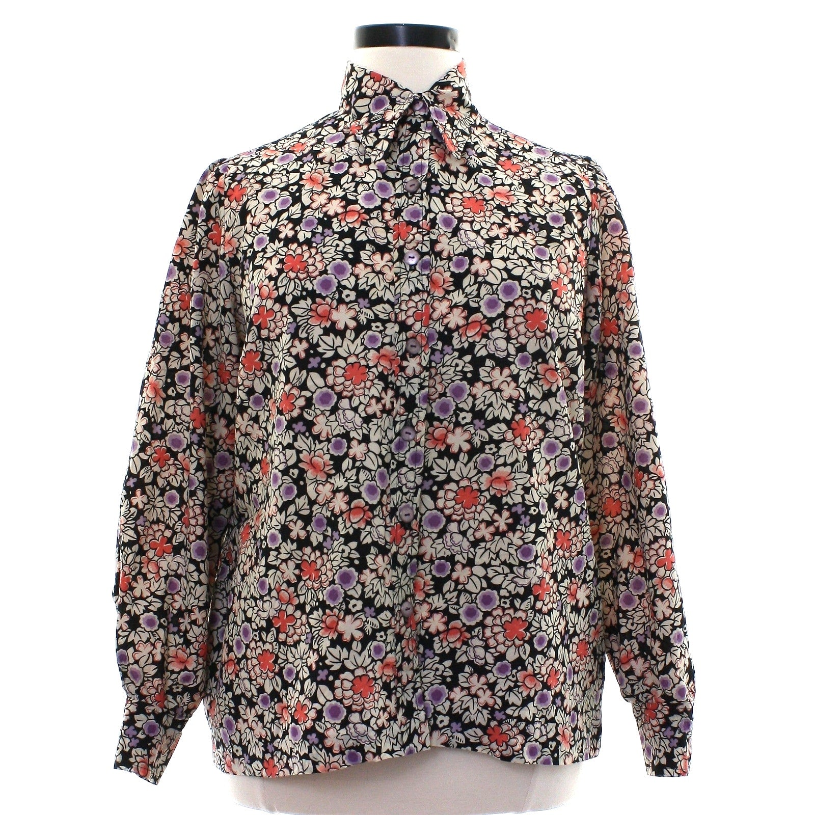Vintage 70s Floral Blouse Black Cream Lavender Long Sleeve Women's Large