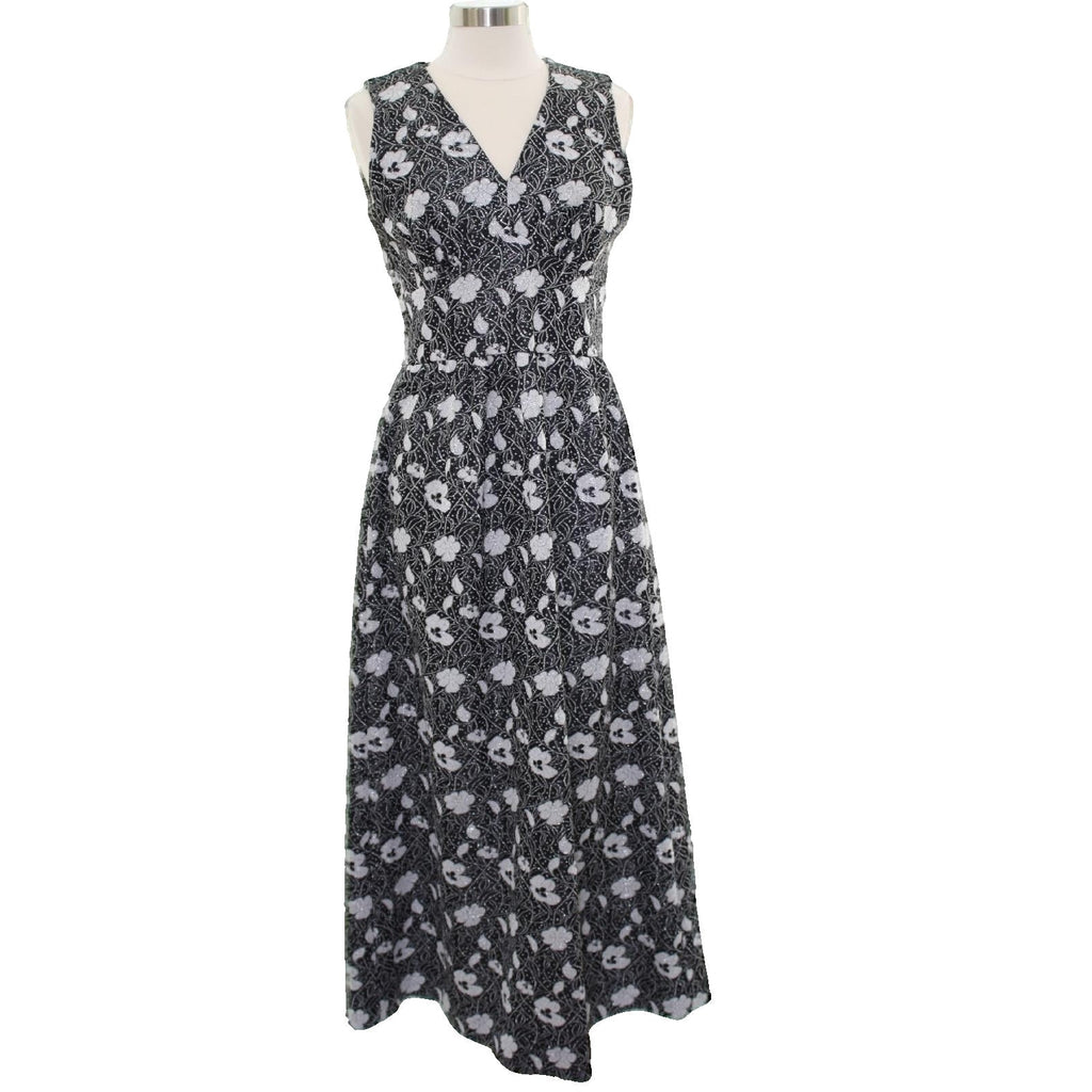 Vintage 70s Handmade Black Silver Floral Sleeveless Maxi Dress Women's Small