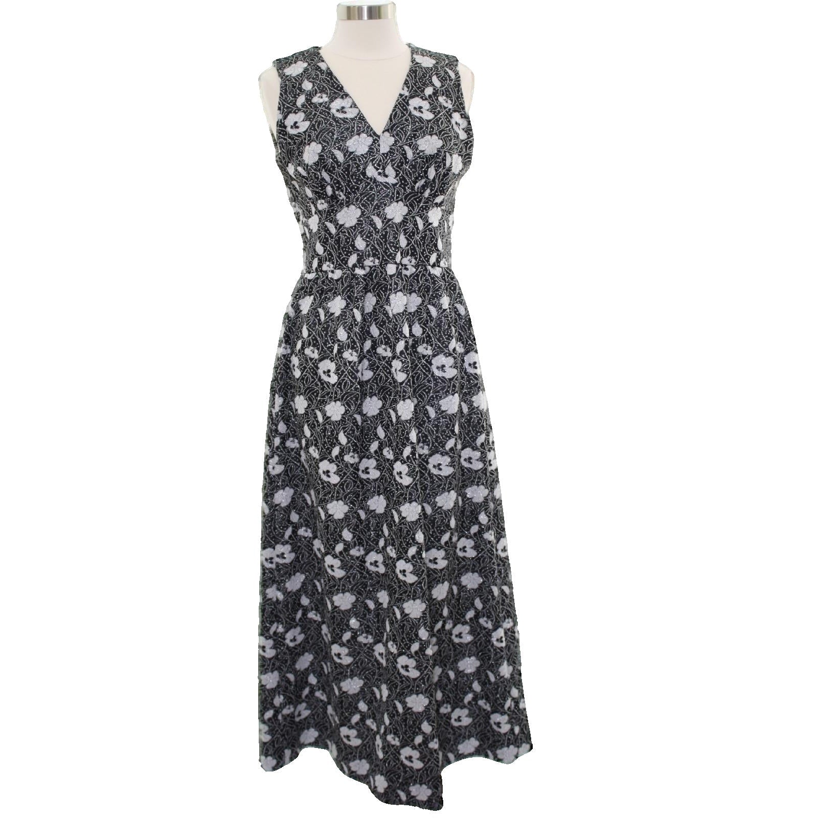 Vintage 70s Handmade Black Silver Floral Sleeveless Maxi Dress Women's Small