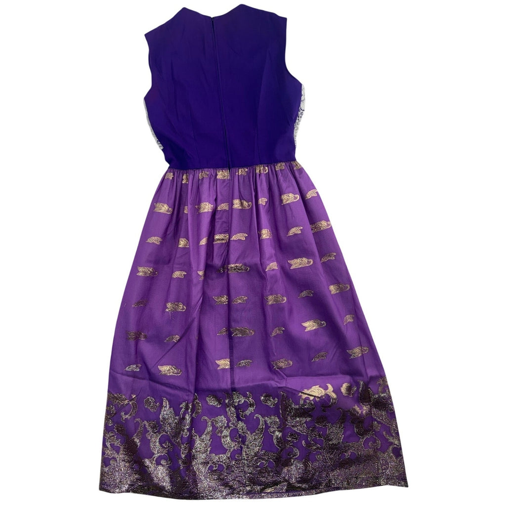 Vintage 60s Purple Lace Maxi Dress Gold Metallic Formal Home Sewn Small