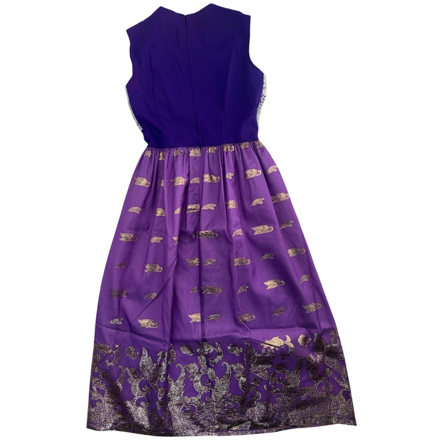Vintage 60s Purple Lace Maxi Dress Gold Metallic Formal Home Sewn Small