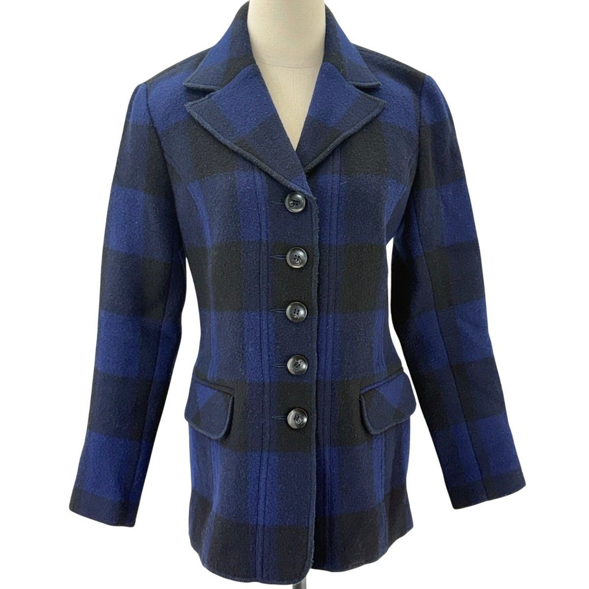 Tribal Women's 4 Blue Plaid Wool Blend Blazer Jacket Button Front Medium