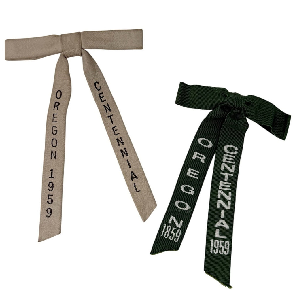 Vintage 1959 Oregon Centennial Ribbon Clip Ties Cream & Green Set