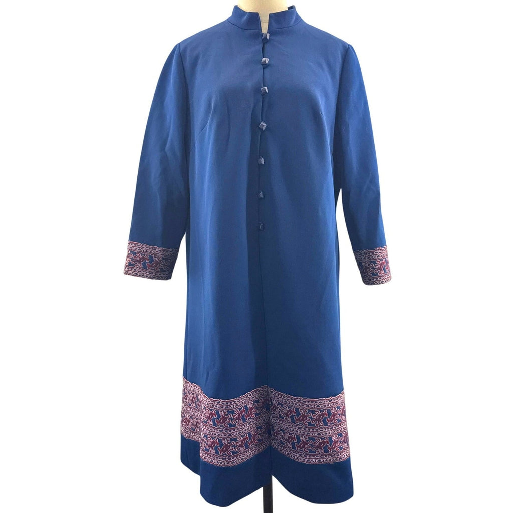 Vintage 70s Women's Large Leslie Pomer Navy Dress & Jacket Set Pattern Trim