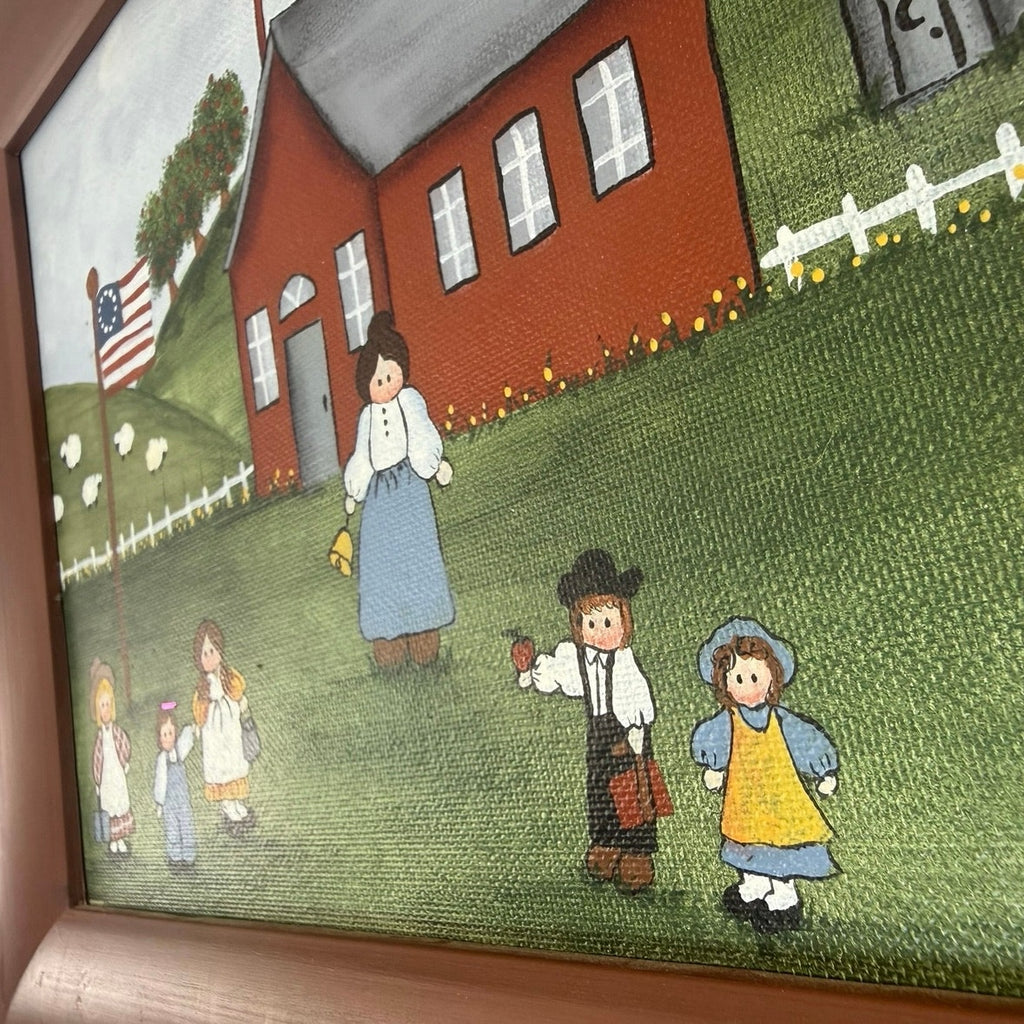 Vintage 90s Hand Painted Schoolhouse Farm Folk Art Framed Canvas Picture