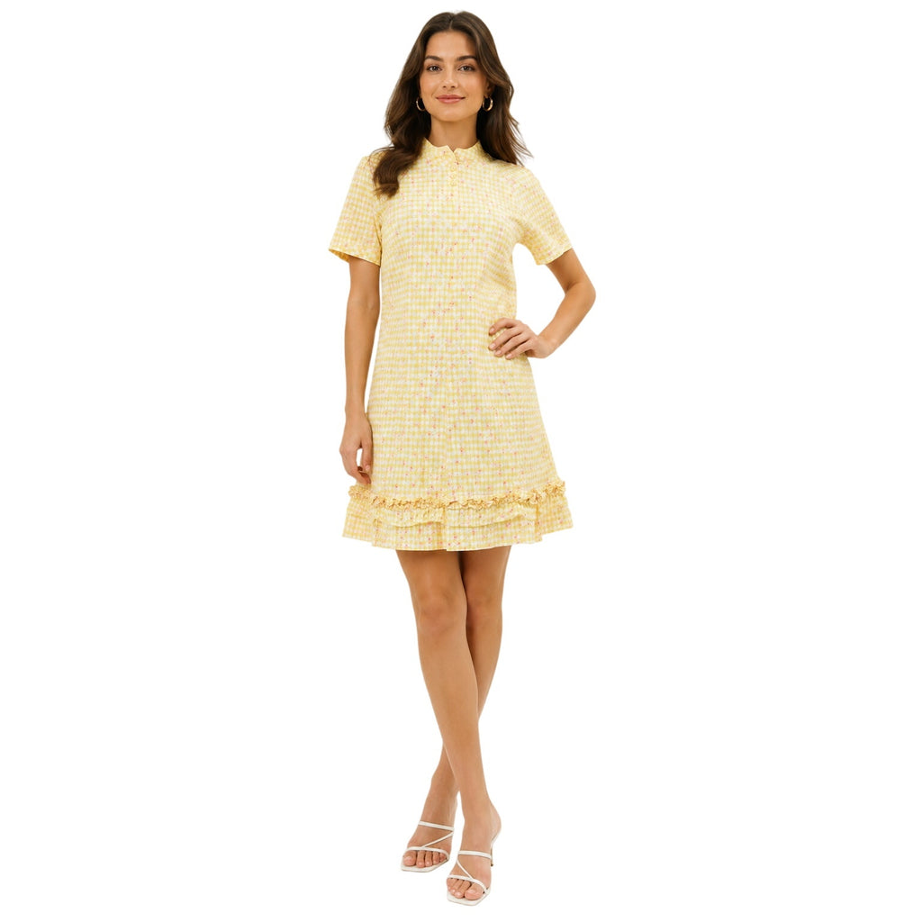 Vintage 70s Home Sewn Yellow Gingham Floral Mini Dress Ruffle Hem S