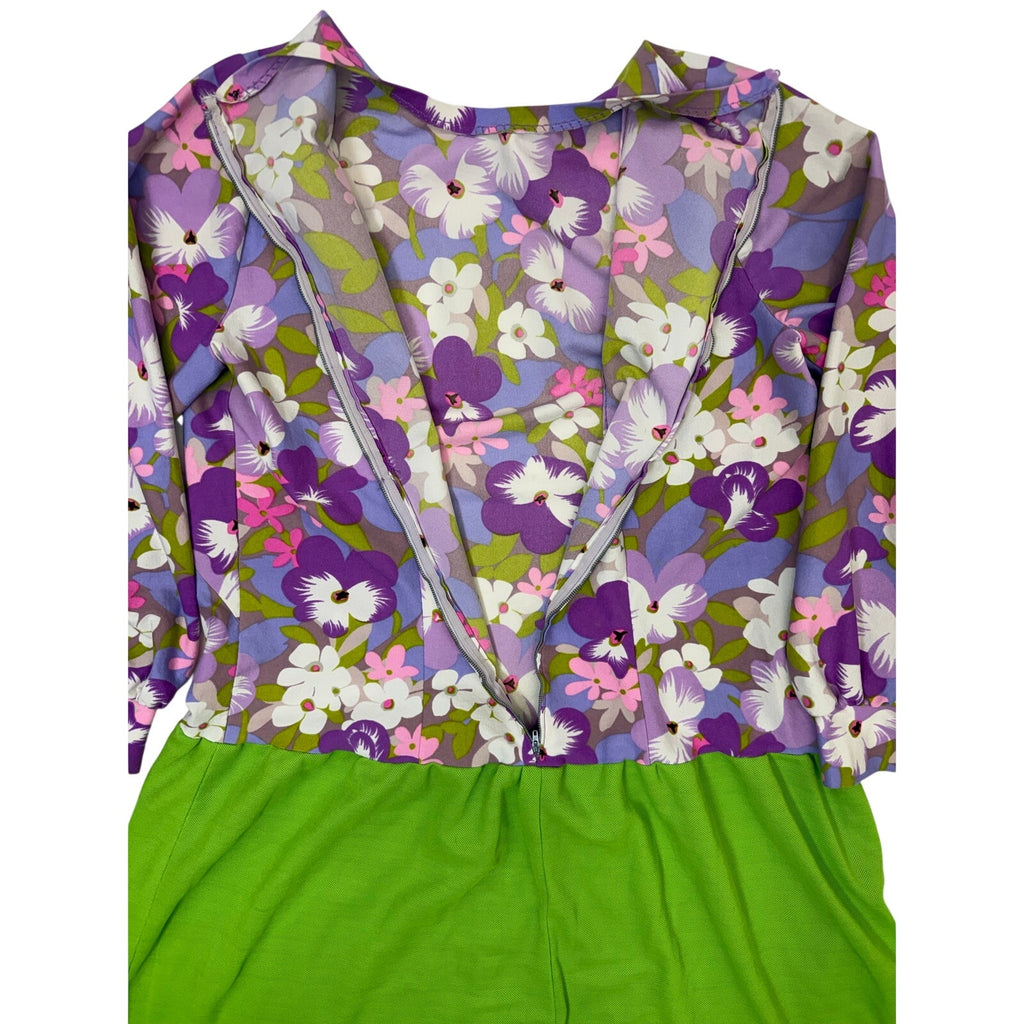 Vintage 70s Purple Floral Drop Waist Mini Dress Home Sewn Knit Small