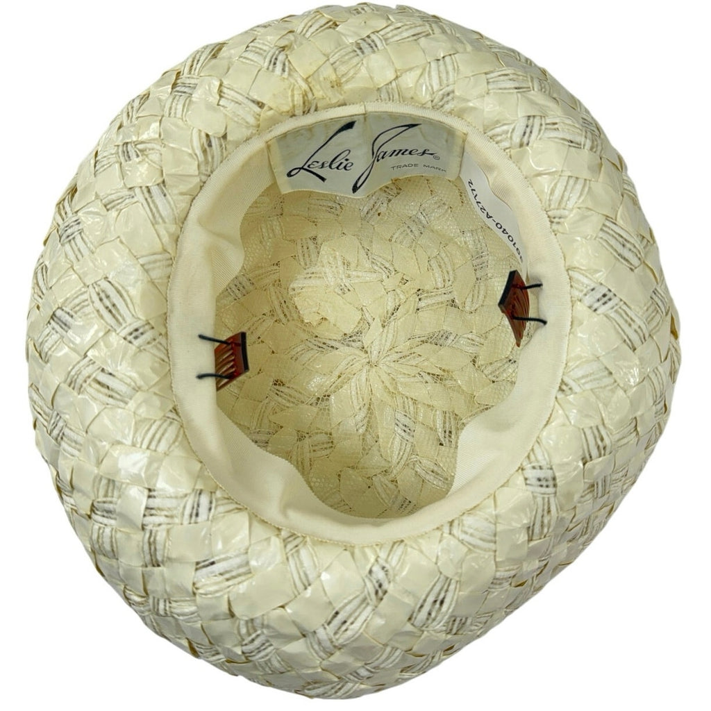 Vintage 60s Leslie James Straw Wide Brim Floral Lace Sun Hat Cream
