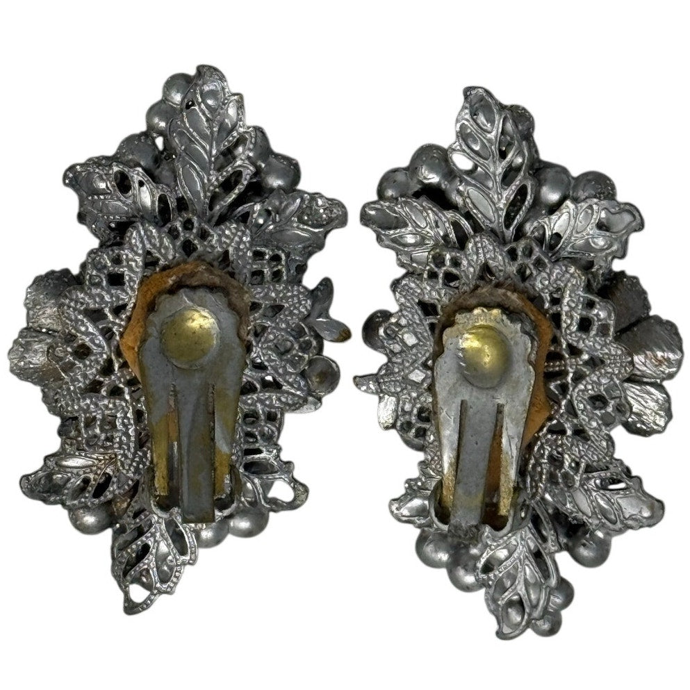 Vintage 60s Silver Tone Grape Cluster Clip On Earrings 2”
