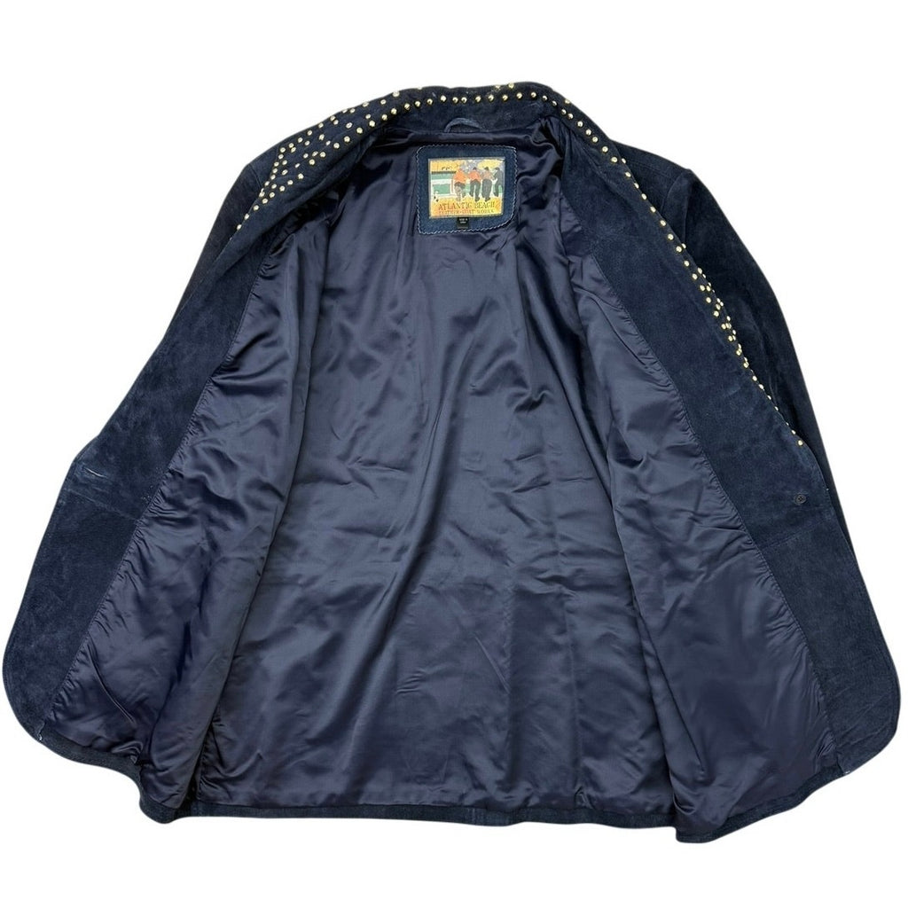 Vintage 90s Women's Large Navy Suede Leather Blazer Jacket Studded Lined