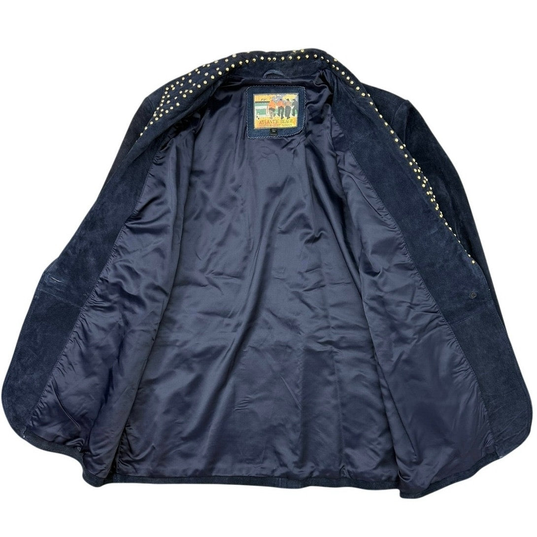Vintage 90s Women's Large Navy Suede Leather Blazer Jacket Studded Lined