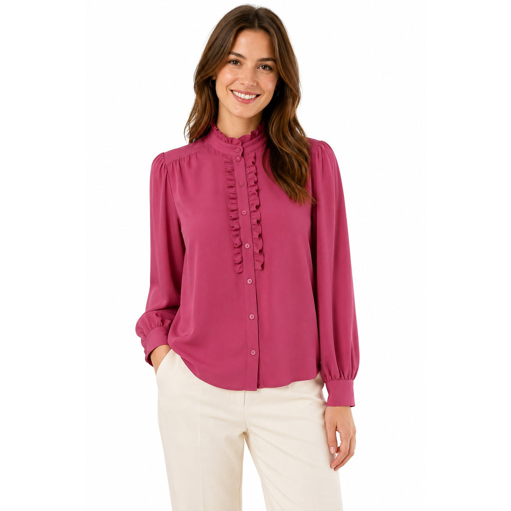 Vintage 80s Women's Medium Emotions Pink Ruffle Front Tuxedo Blouse