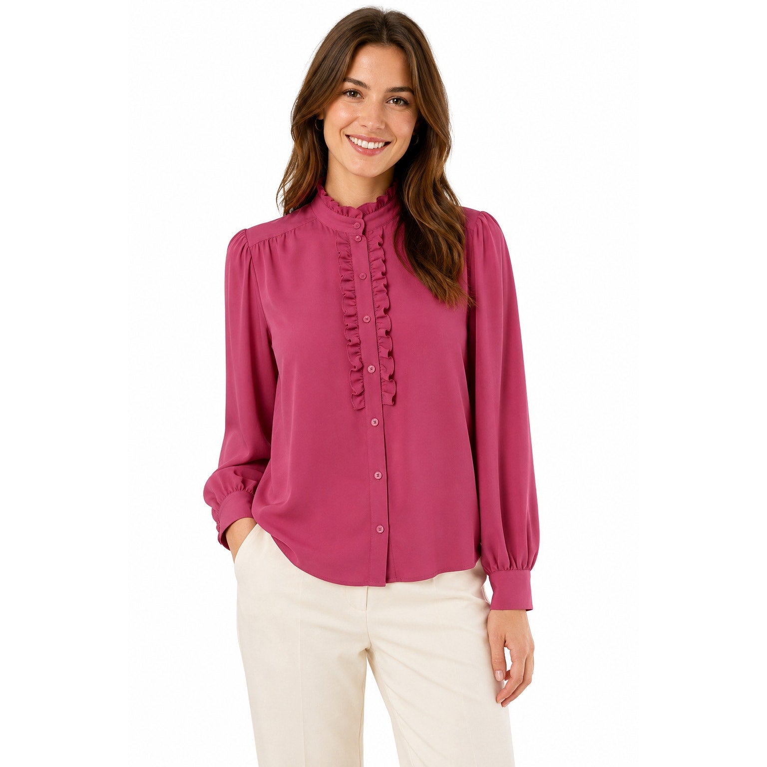 Vintage 80s Women's Medium Emotions Pink Ruffle Front Tuxedo Blouse