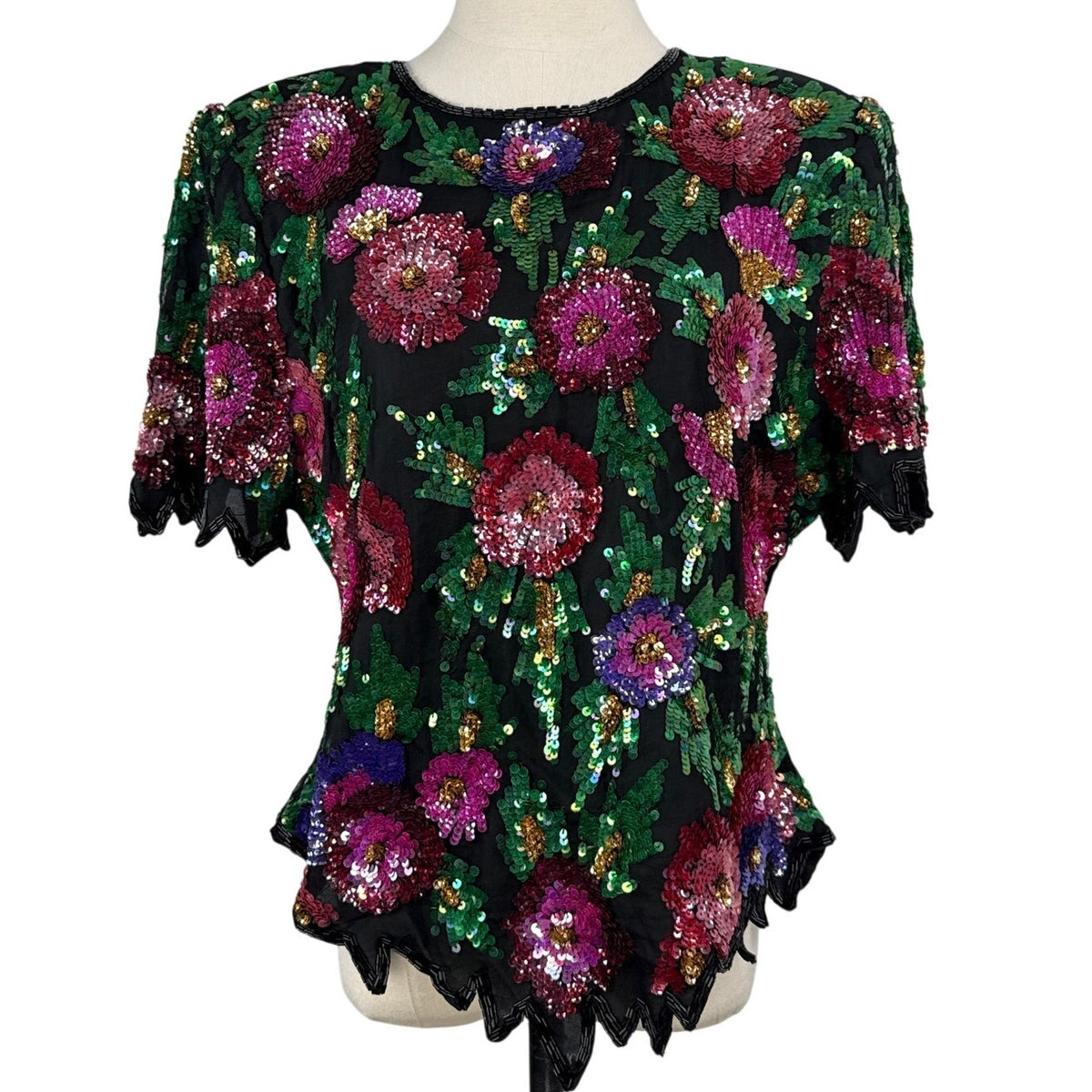 Vintage 80s Laurence Kazar PXL Silk Beaded Sequin Floral Evening Blouse