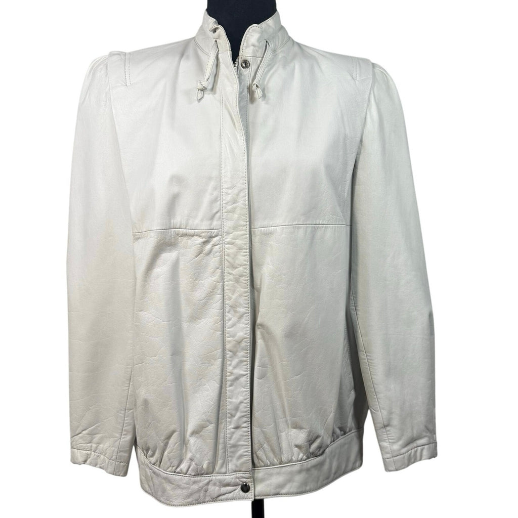 Vintage80s Women's Large White Leather Jacket Bomber Mock Collar Back Stitch