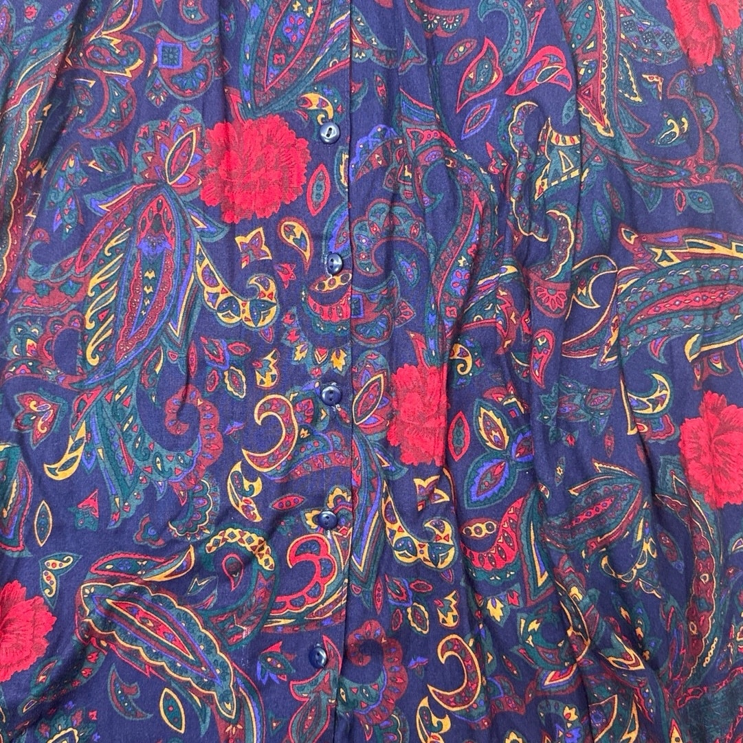 Vintage 80s Tarenti Paisley Rayon Midi Dress Navy Red Pleated Pockets Small