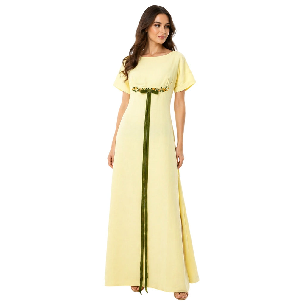 Vintage 60s Yellow Empire Waist Maxi Dress Floral Velvet Ribbon Women's XS