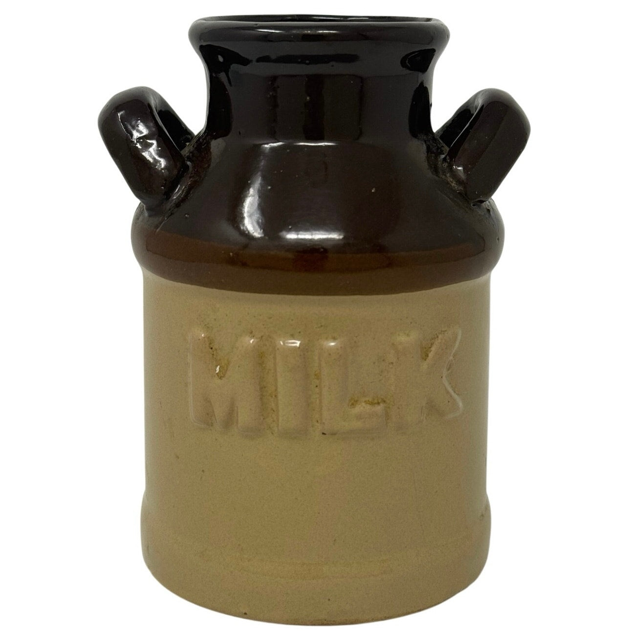 Vintage 70s Stoneware Milk Jug Brown Tan Glaze Rustic Farmhouse Decor