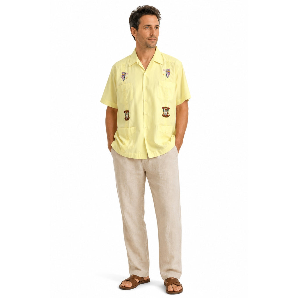 Vintage 90s ROJ Jester Embroidered Camp Shirt Mens XL Yellow Button Front