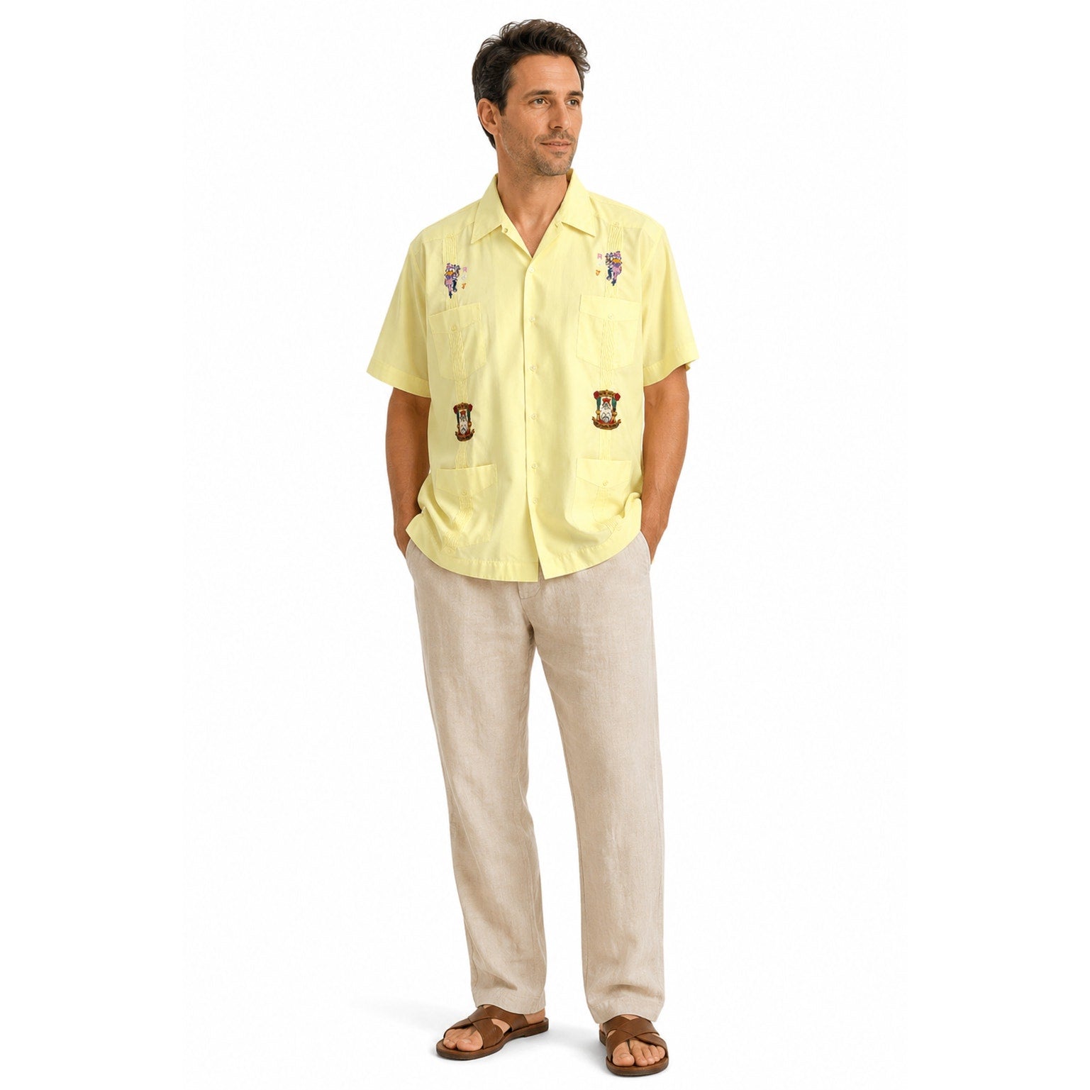 Vintage 90s ROJ Jester Embroidered Camp Shirt Mens XL Yellow Button Front
