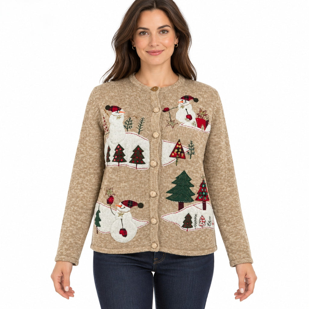 Vintage 80s Tiara International Tan Snowman Christmas Cardigan Women’s XL