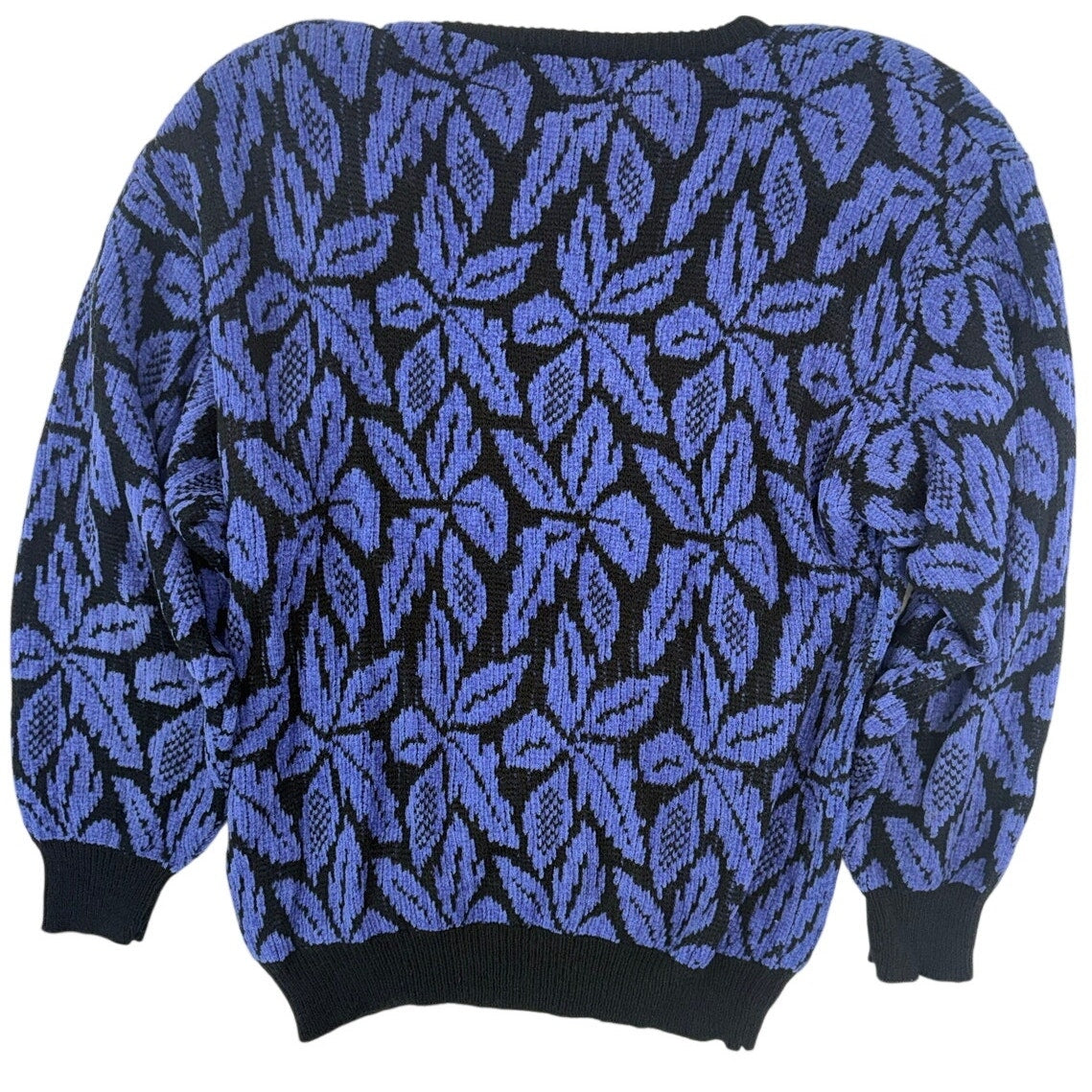 Vintage 80s Bernie-Jo Women's Large Purple Black Leaf Print Knit Sweater