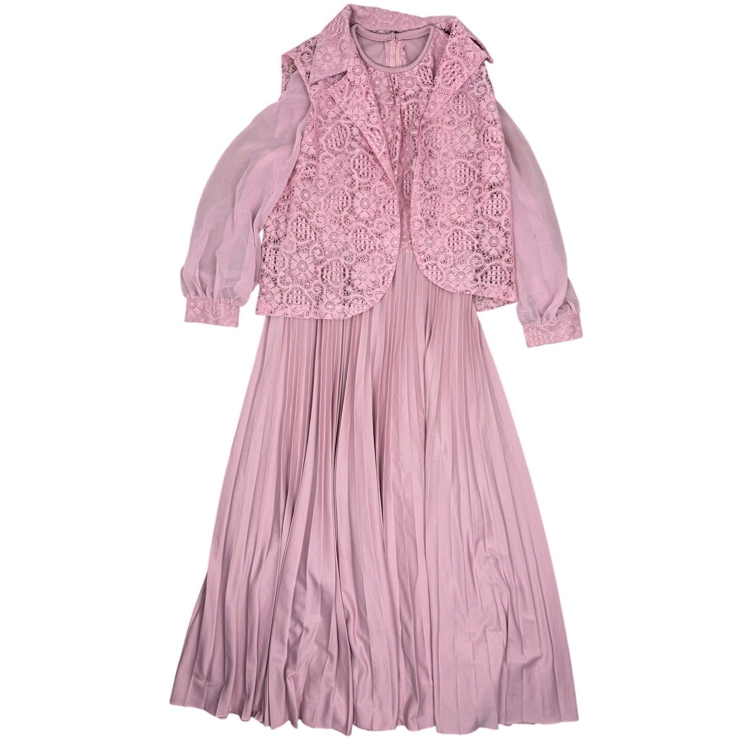 Vintage 1970s Mauve Lace Maxi Dress & Jacket Set Belted Formal Gown