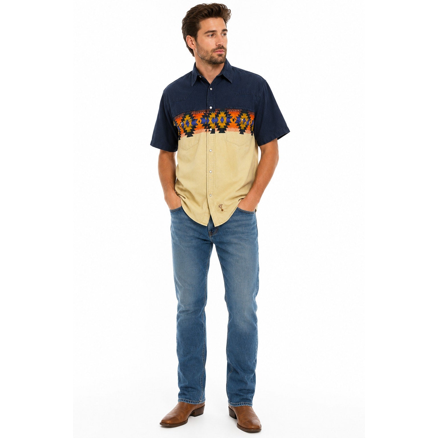 Vintage 90s Wrangler Rustler Western Aztec Snap Shirt Mens LT Cotton Blend