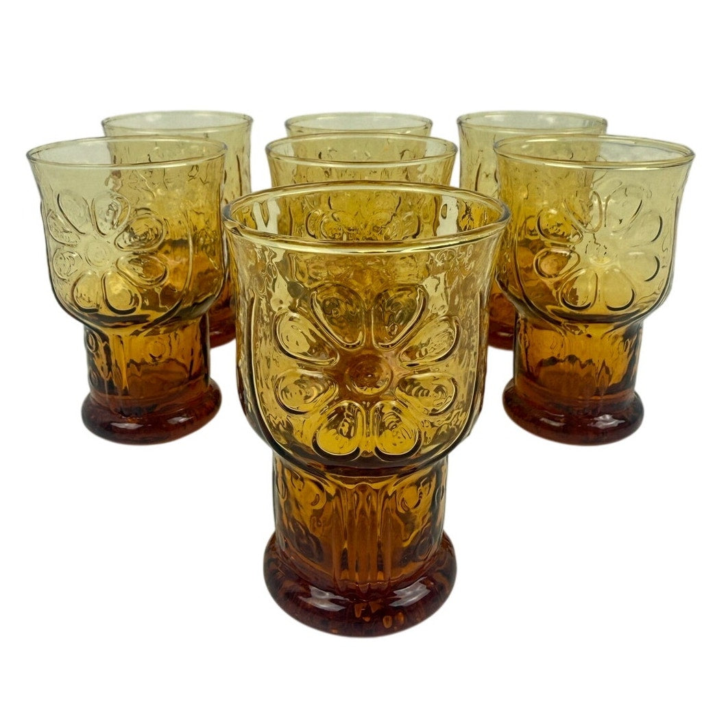 Vintage Libbey Country Garden Daisy Amber 4" Tumblers Glasses Set of 7