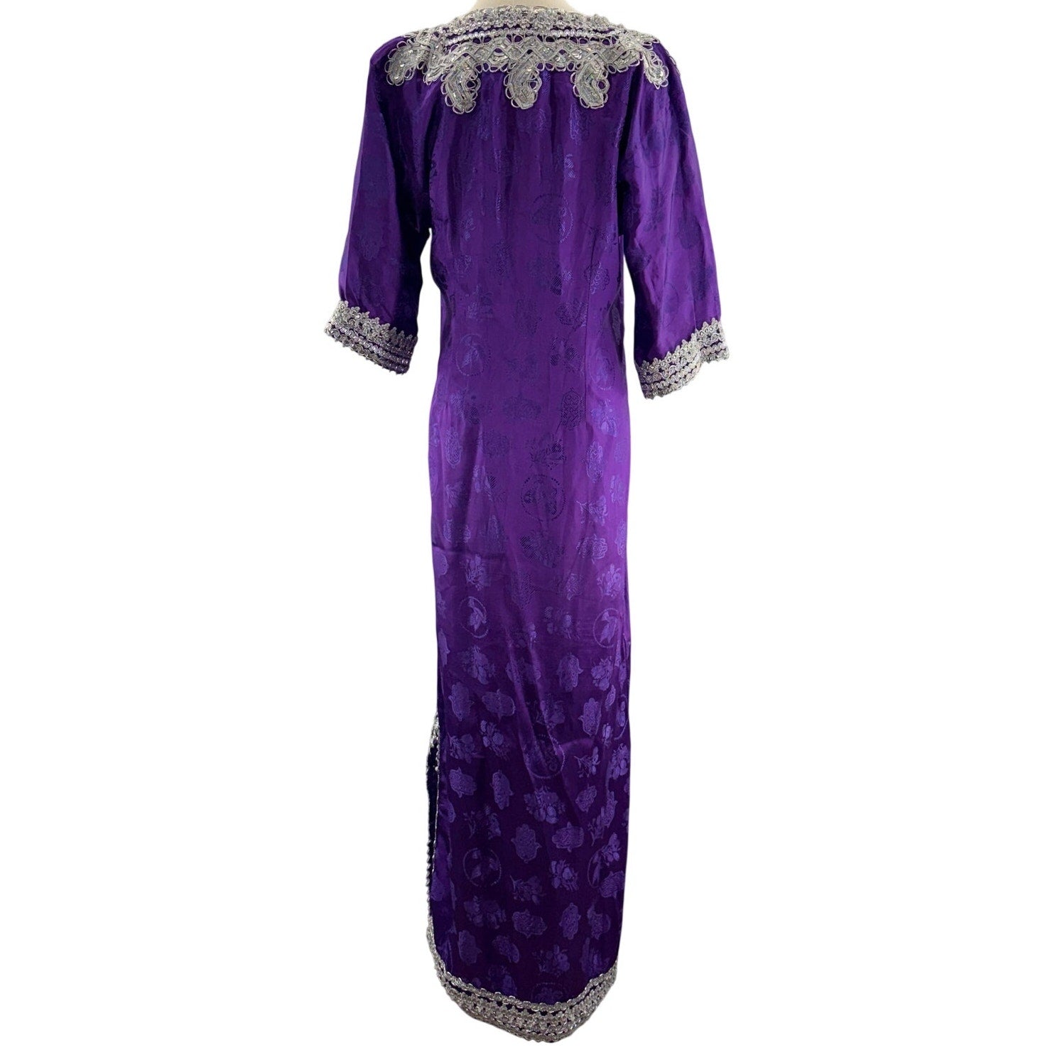 Vintage 90s Women's Medium Royal Purple Embossed Maxi Dress Silver Trim