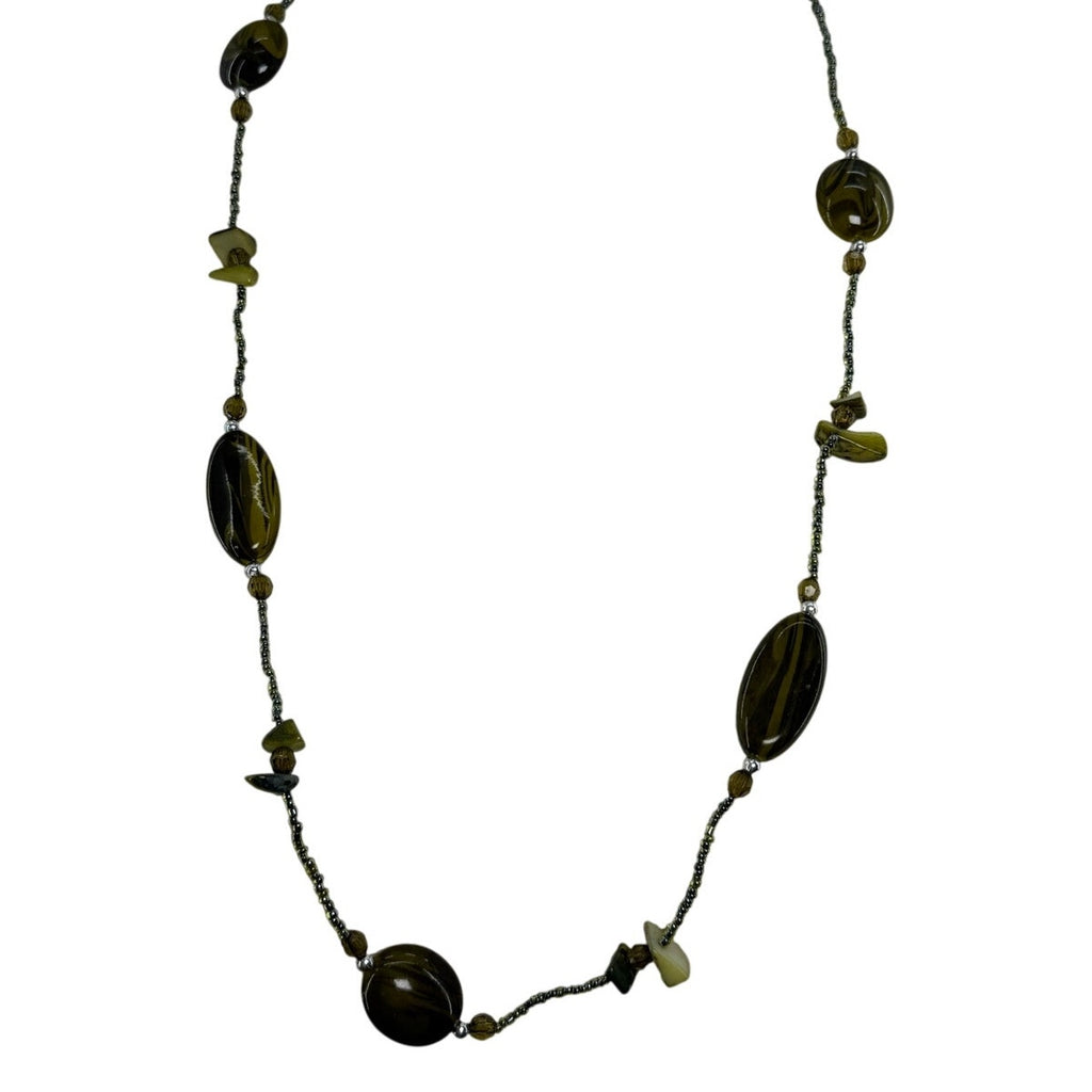 Vintage 70s Avocado Bead Necklace Oval Resin Statement Long Strand