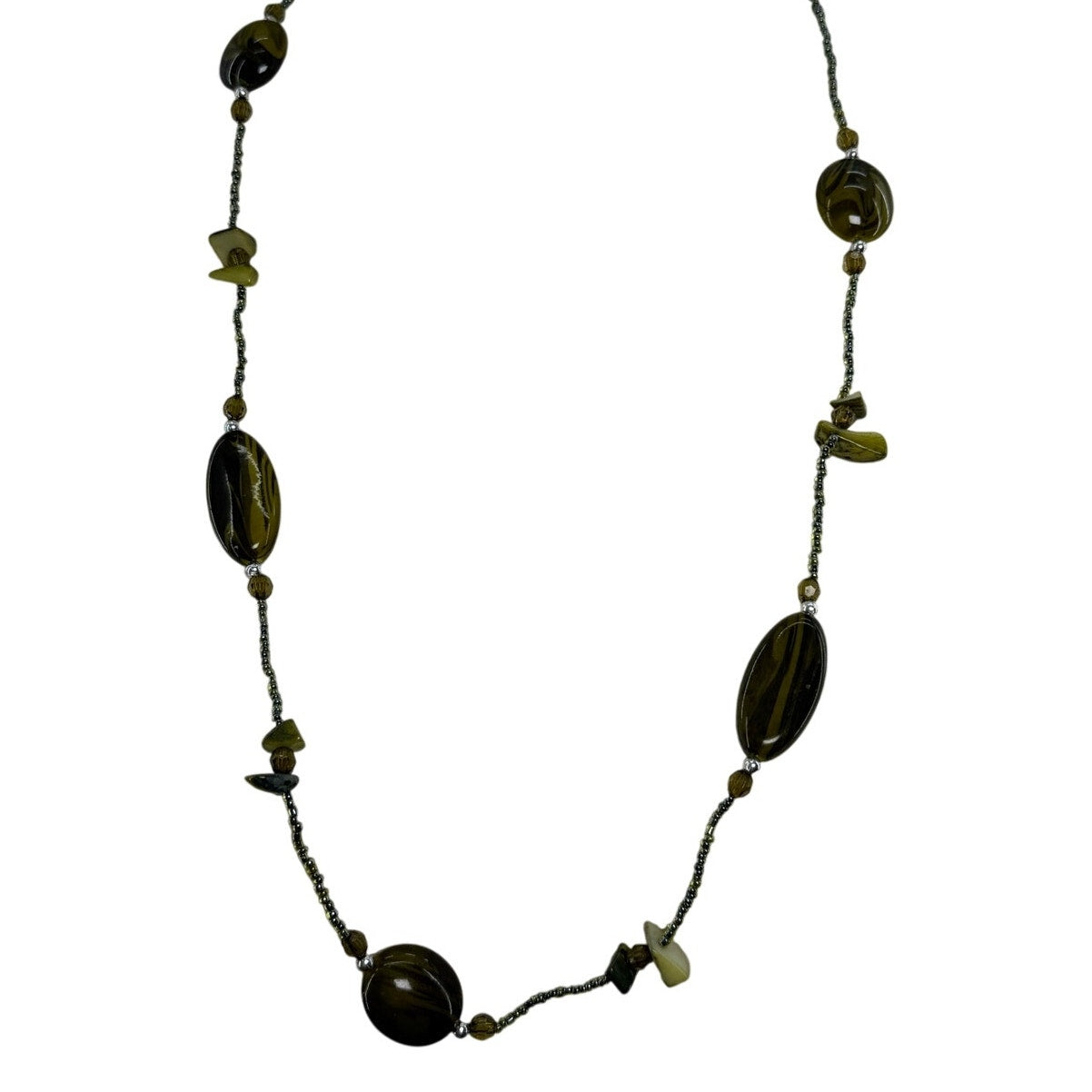 Vintage 70s Avocado Bead Necklace Oval Resin Statement Long Strand