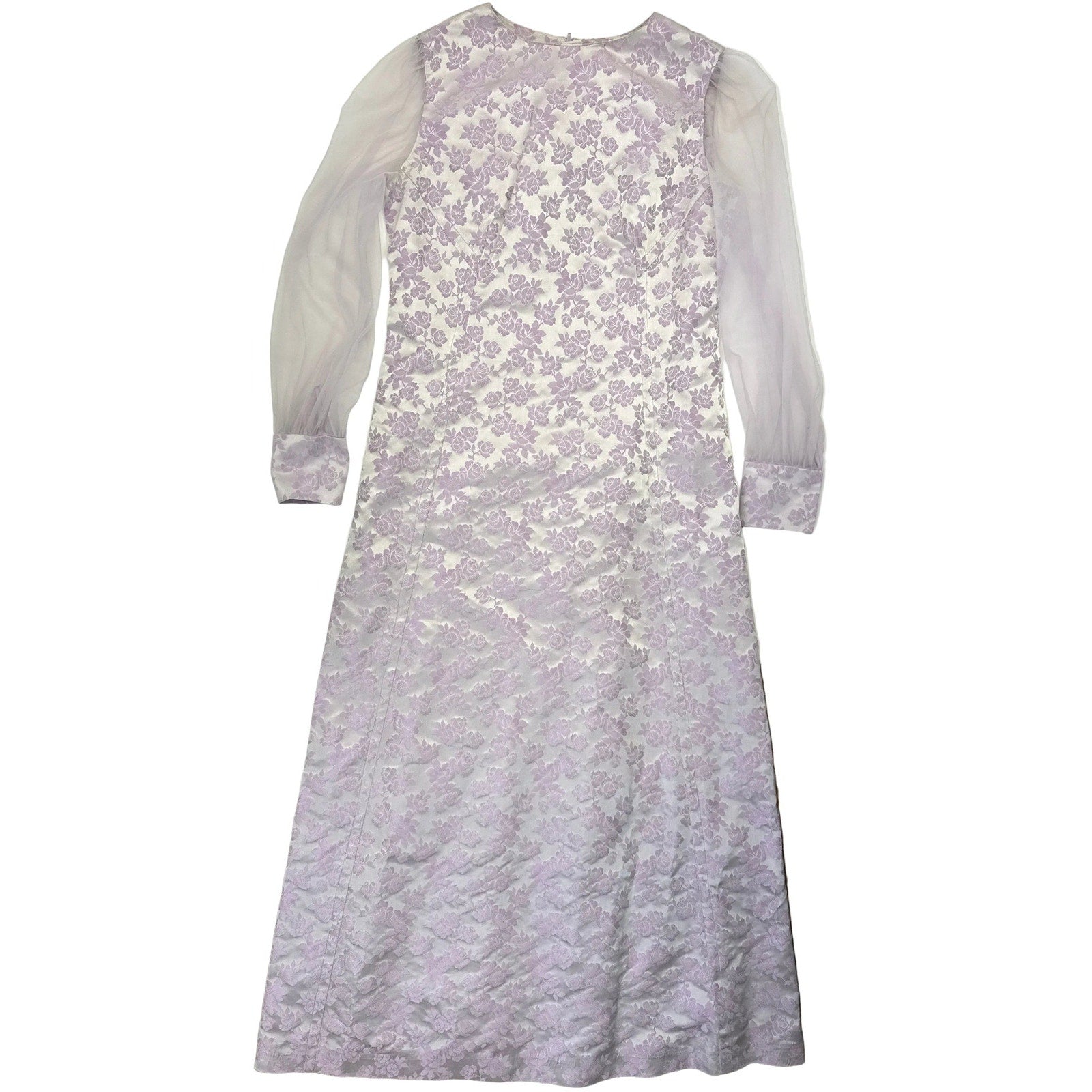 Vintage 60s Lavender Satin A-Line Maxi Dress Sheer Sleeve Women's Medium
