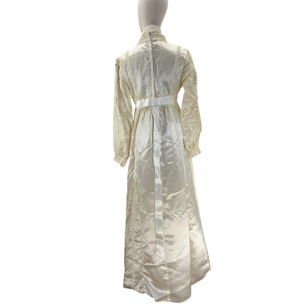 Vintage 1970s Union Made Satin Wedding Dress w/ Train Lace Trim Women's Small
