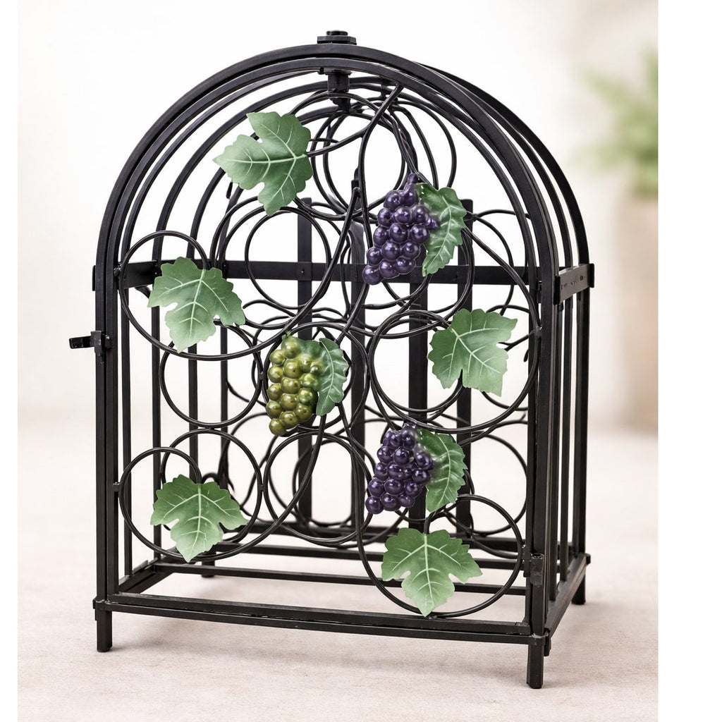Vintage 90s Black Metal Ivy Wine Rack 9 Bottle Tabletop Display