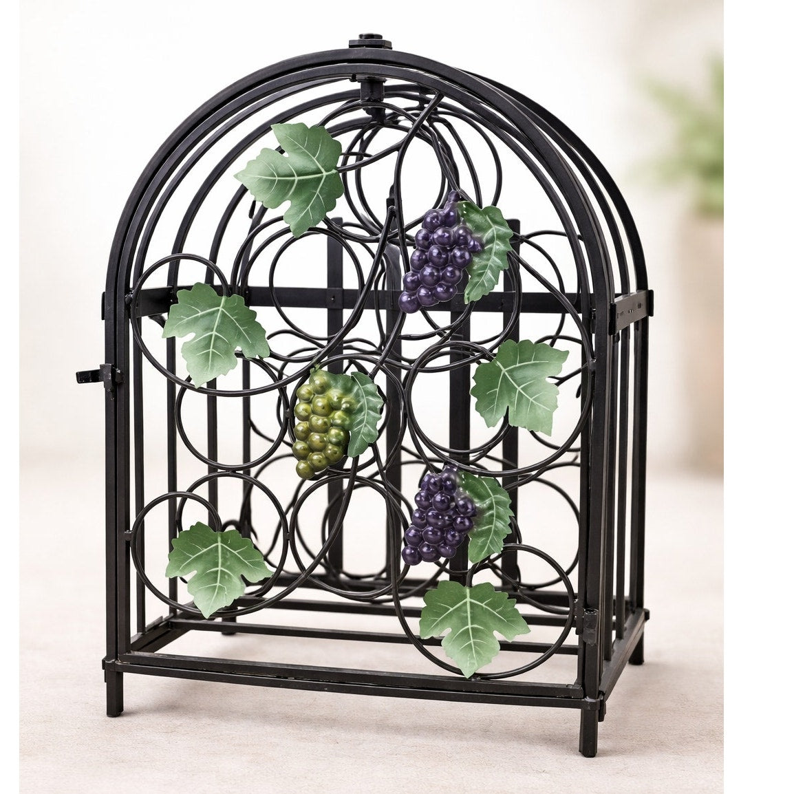 Vintage 90s Black Metal Ivy Wine Rack 9 Bottle Tabletop Display