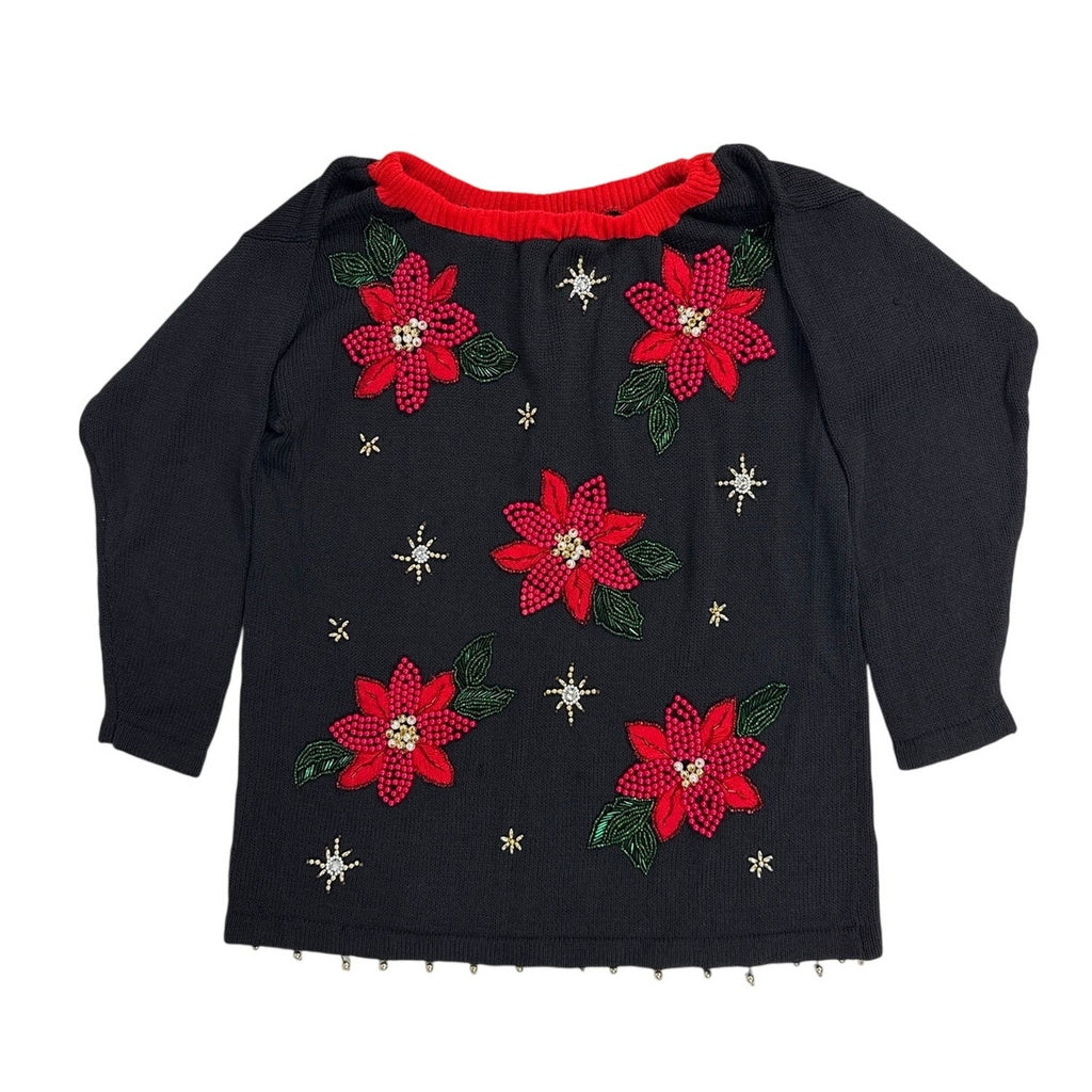 Vintage 80s Black Beaded Poinsettia Christmas Tunic Sweater Women's Large