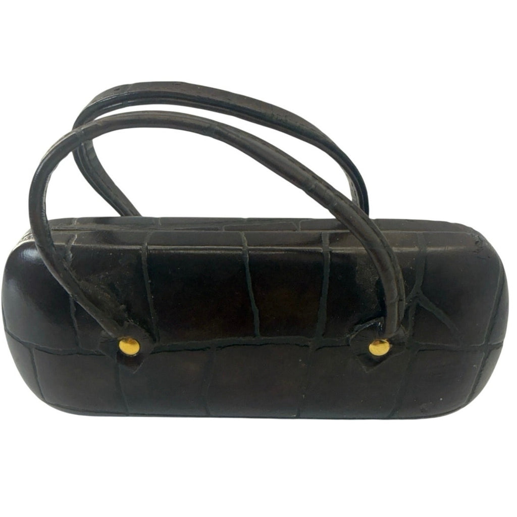 Vintage 70s Purse Style Eyeglasses Case Black Faux Croc Hard Shell w Handles