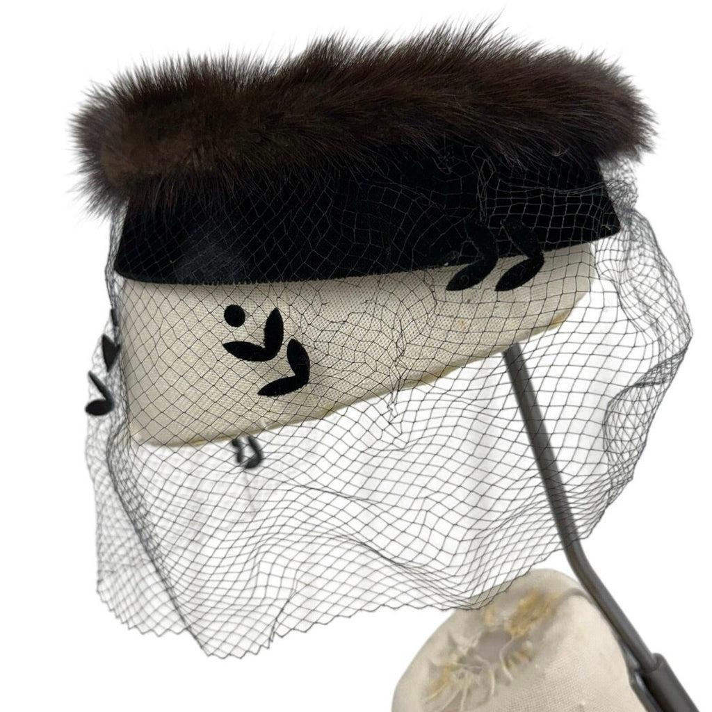 Vintage 1960s Brown Fur Ring Hat Black Velvet Veil Fascinator