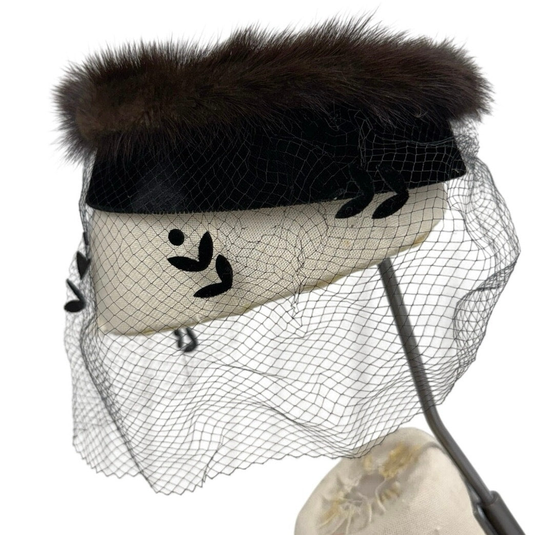 Vintage 1960s Brown Fur Ring Hat Black Velvet Veil Fascinator