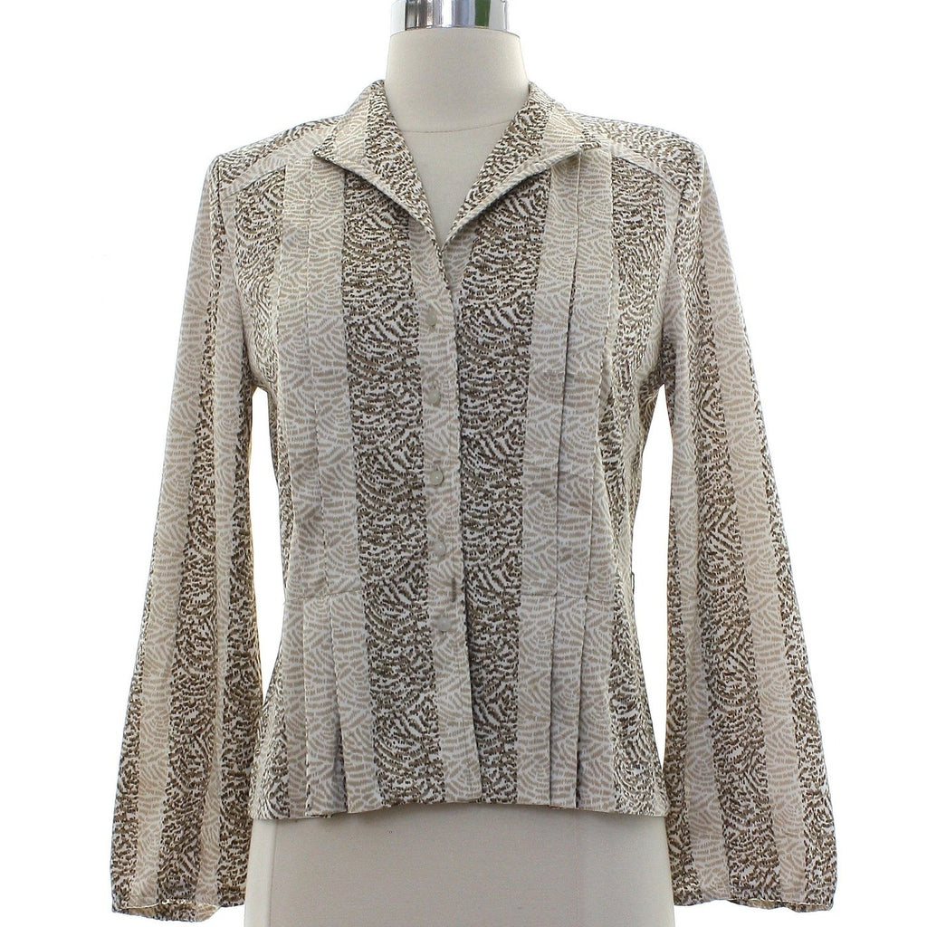 Vintage 80s Kiva Beige Pleated Polyester Blouse Pearl Button Shirt Women's 8