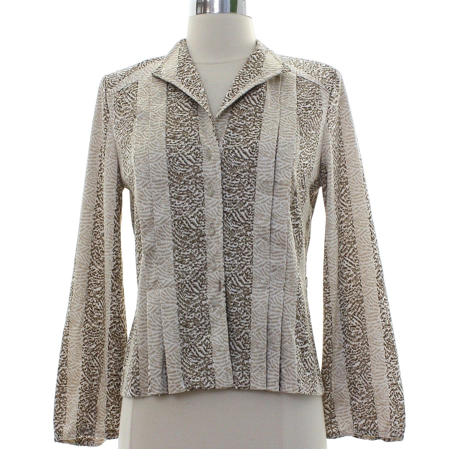 Vintage 80s Kiva Beige Pleated Polyester Blouse Pearl Button Shirt Women's 8